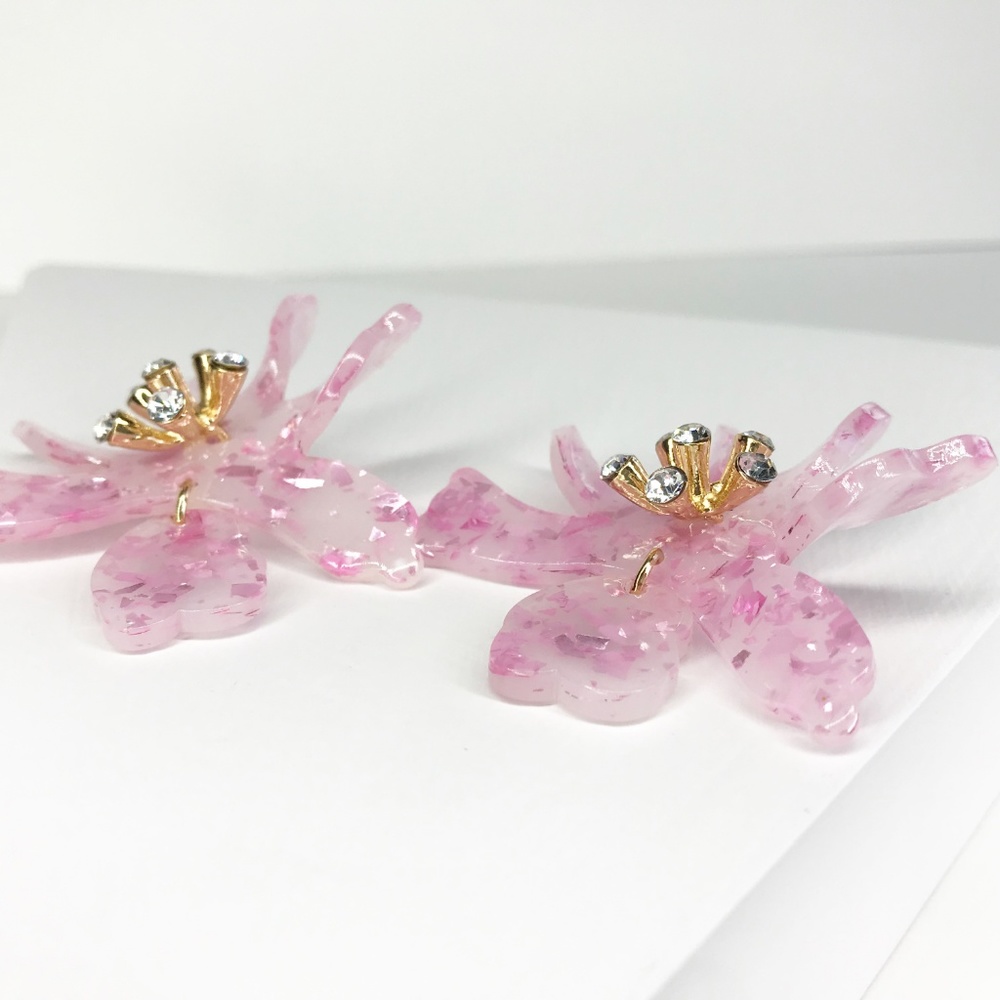 Mini Crystal Lily Drop Earrings in Pink - Picture 3 of 6